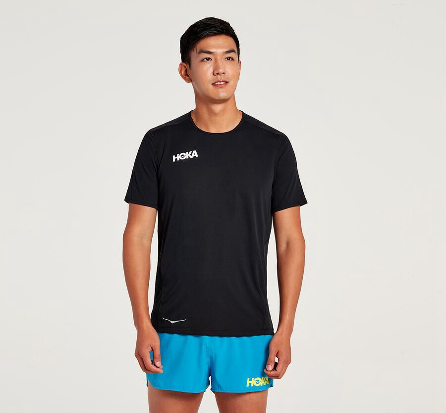 Top Hoka One One Hombre Negros - Performance Short Sleeve - DWUO83609